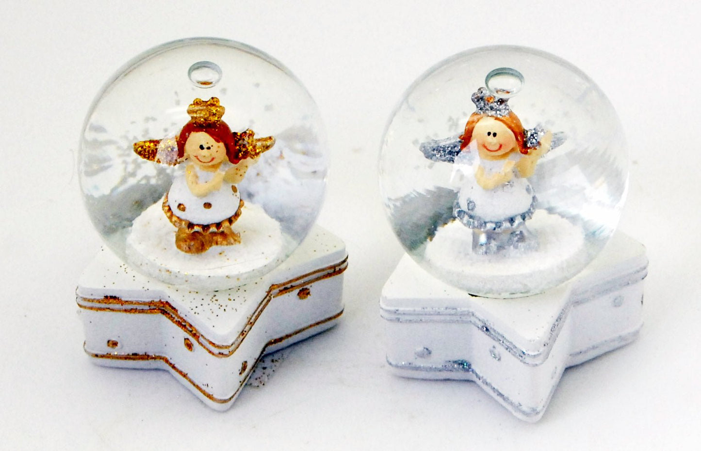 2 Engel-Schneekugeln gold und silber auf Stern 45mm Durchmesser Lufblase - Schneekugelhaus
