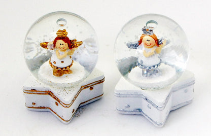 2 Engel-Schneekugeln gold und silber auf Stern 45mm Durchmesser Lufblase - Schneekugelhaus
