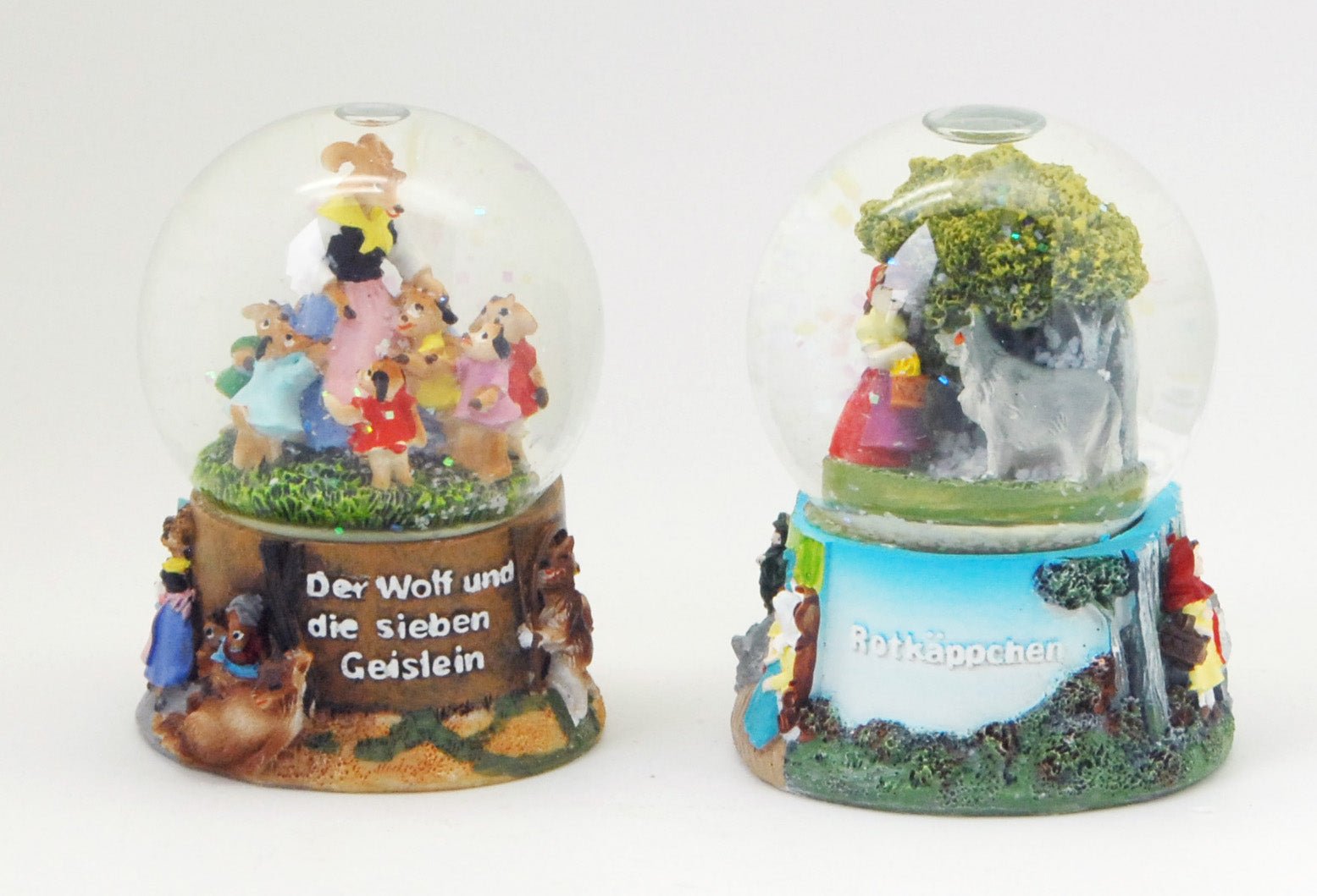 2 süße Märchen-Schneekugeln Märchen mit Wolf Rotkäppchen "Der Wolf und die 7 Geislein" - Luftblase - Schneekugelhaus