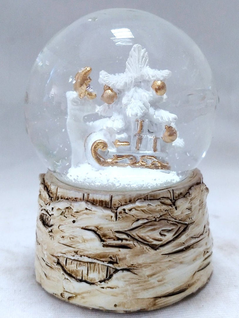 2 süße Mini-Schneekugeln Engel und Weihnachtsreh - mit Gold- und Holzoptiksockel - Schneekugelhaus