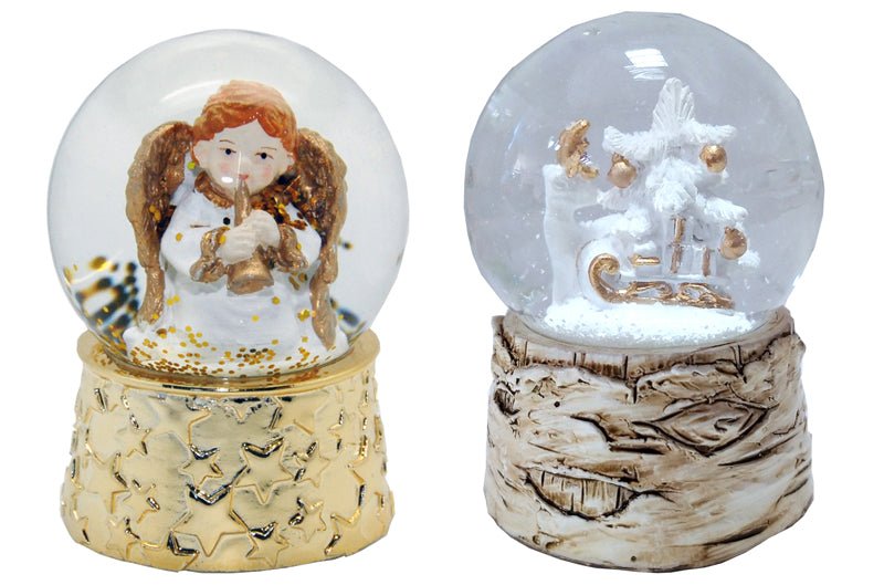 2 süße Mini-Schneekugeln Engel und Weihnachtsreh - mit Gold- und Holzoptiksockel - Luftblase - Schneekugelhaus