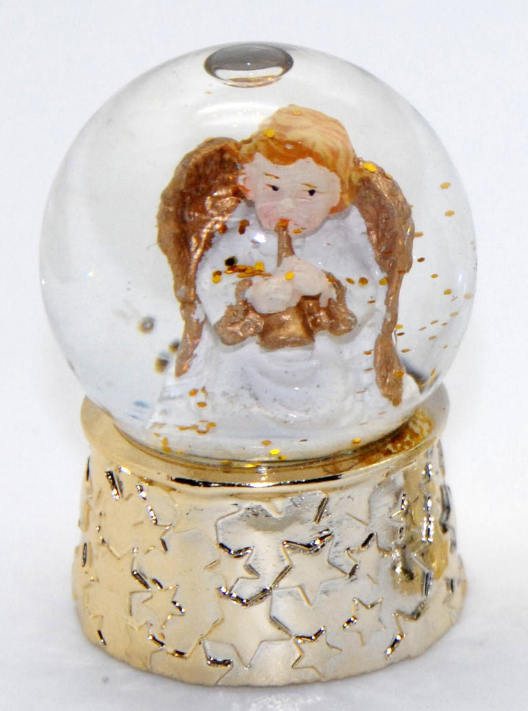 2 süße Mini-Schneekugeln Engel und Weihnachtsreh - mit Gold- und Holzoptiksockel - Luftblase - Schneekugelhaus