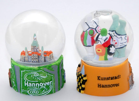 2 tolle Souvenir Schneekugeln aus Hannover - Nanas und Rathaus 65mm Durchmesser - Luftblase - Schneekugelhaus