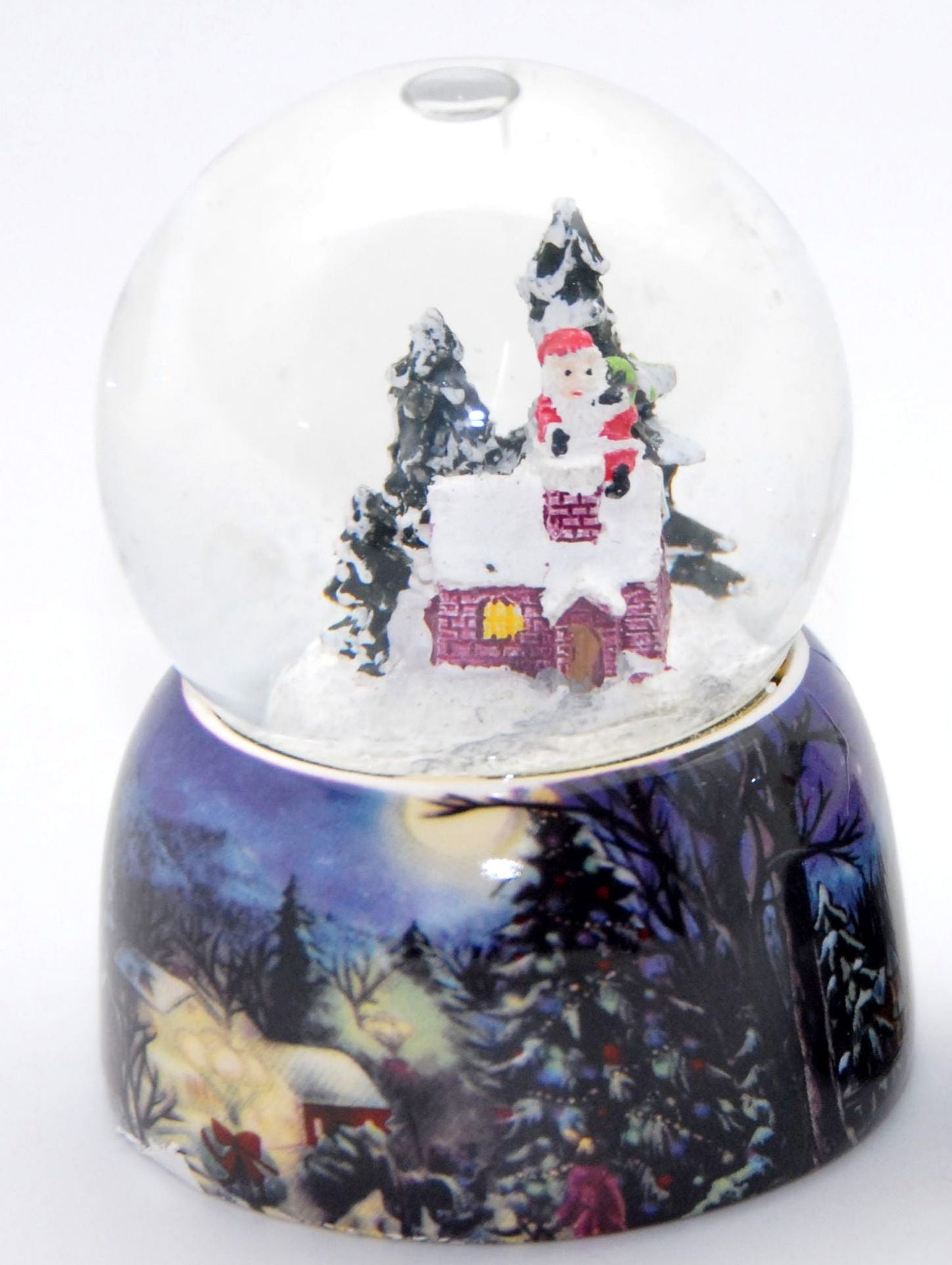 2er-Set Schneekugel Weihnacht Schneemann auf nostalgischem Sockel mit Geschenk und Winterhütte 65mm Durchmesser - Luftblase - Schneekugelhaus