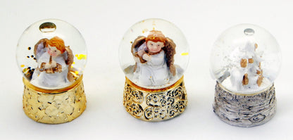3 süße Mini-Schneekugeln Engel und Weihnachtsreh - mit Gold- und Holzoptiksockel Luftblase - Schneekugelhaus