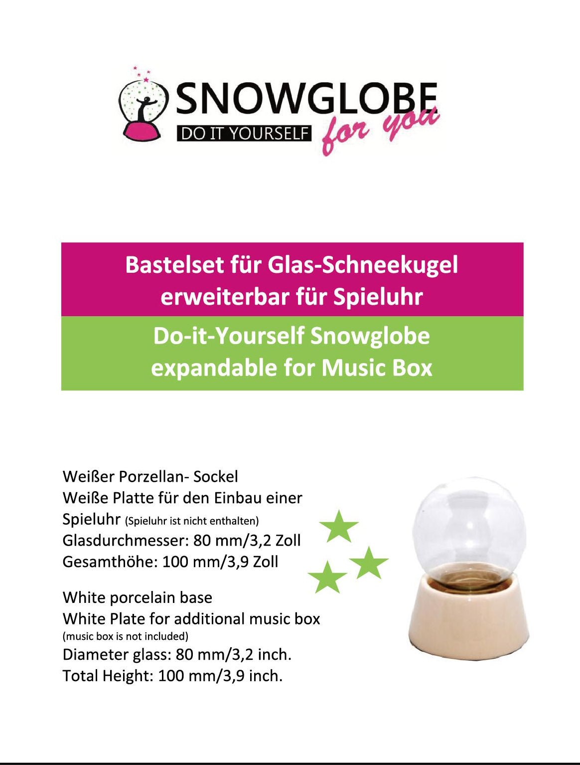 80mm-Do-it-Yourself Schneekugel mit Glas und Porzellan-Sockel - Schneekugelhaus