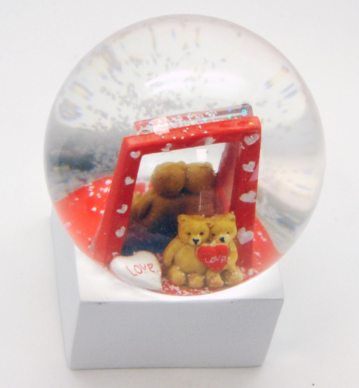 Bastelset mit 100mm Glas für DIY-Schneekugel mit Fotoeinsatz Bilderrahmen Liebe Love mit Polyresin-Sockel weiß eckig - Schneekugelhaus