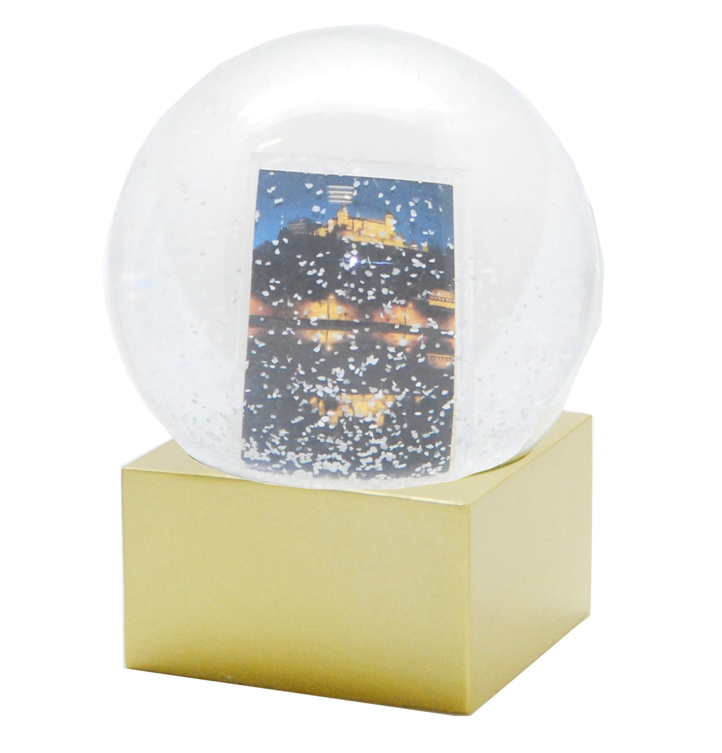 Bastelset mit 100mm Glas für DIY-Schneekugel mit Fotoeinsatz mit Polyresin-Sockel gold eckig - Schneekugelhaus