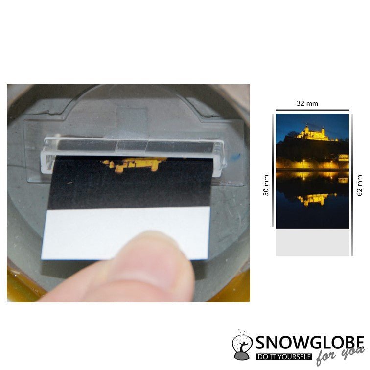 Bastelset mit 100mm Glas für DIY-Schneekugel mit Fotoeinsatz mit Polyresin-Sockel gold rund - Schneekugelhaus
