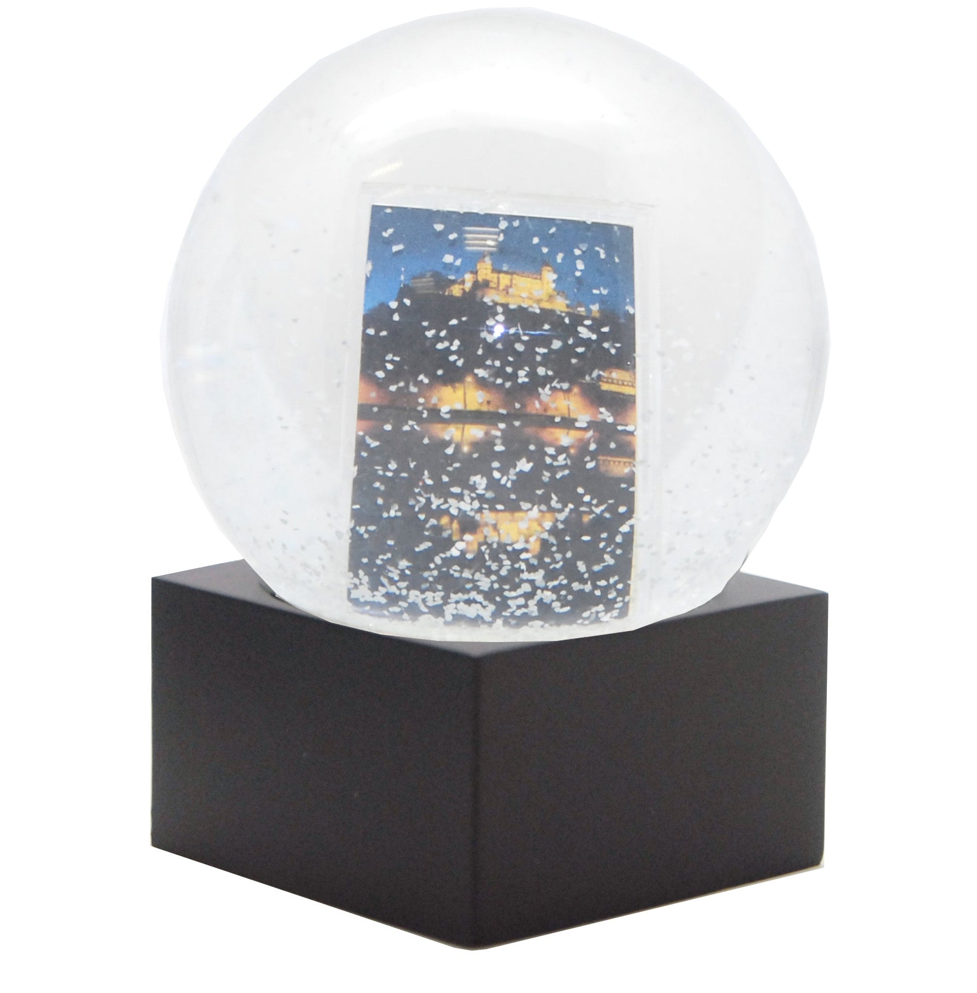 Bastelset mit 100mm Glas für DIY-Schneekugel mit Fotoeinsatz mit Polyresin-Sockel schwarz eckig - Schneekugelhaus