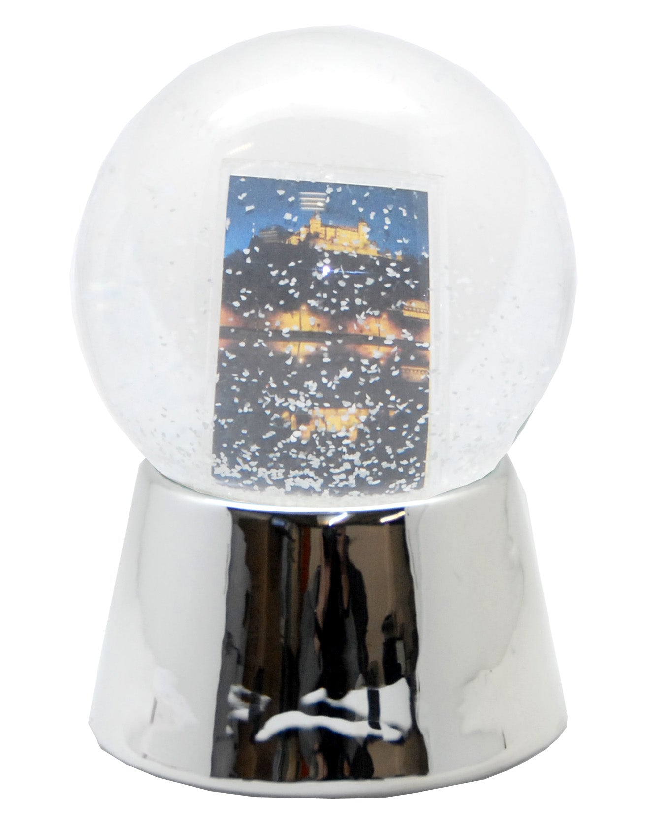 Bastelset mit 100mm Glas für DIY-Schneekugel mit Fotoeinsatz mit Porzellan-Sockel silber glänzend - Schneekugelhaus