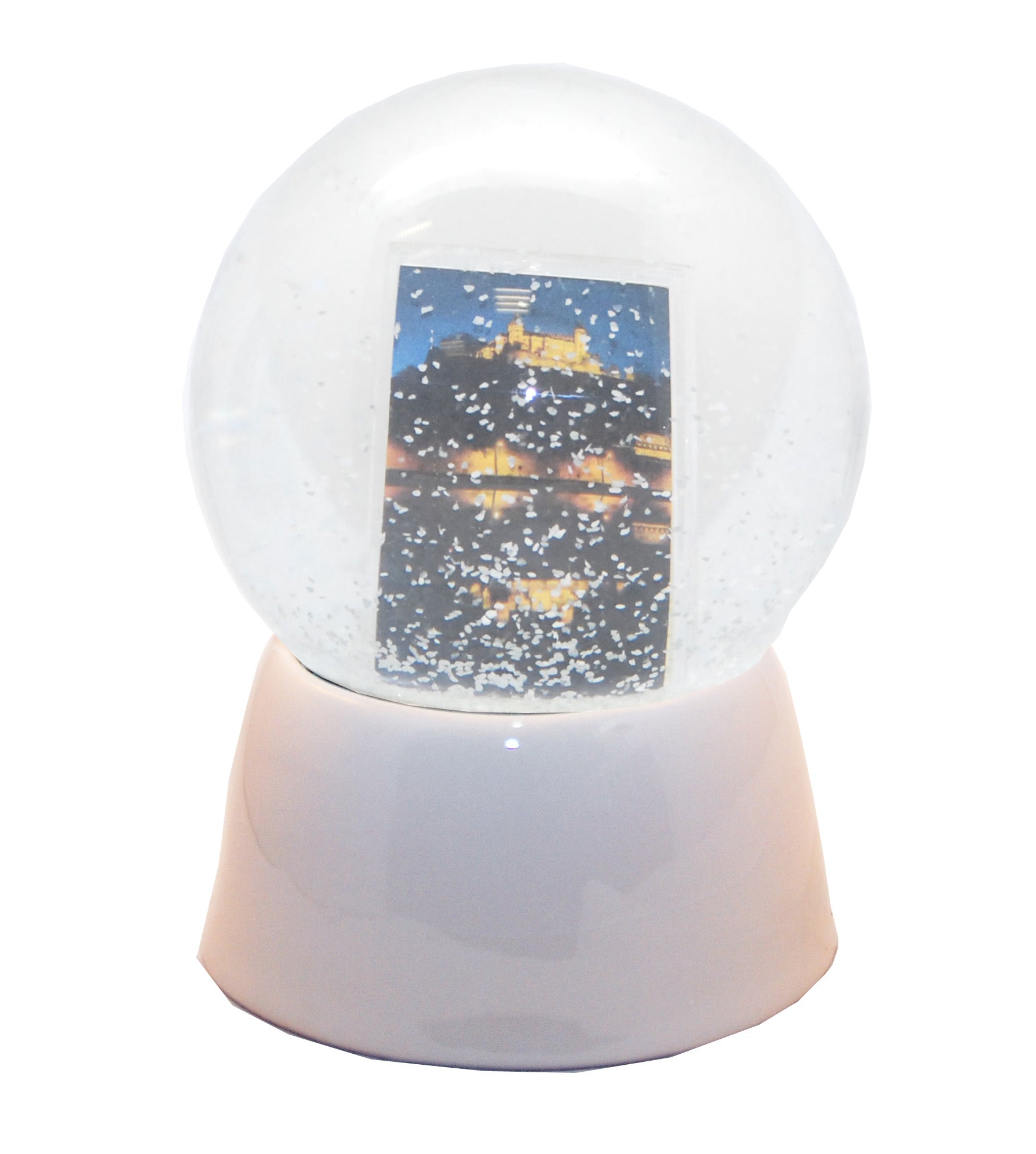 Bastelset mit 100mm Glas für DIY-Schneekugel mit Fotoeinsatz mit Porzellan-Sockel weiß - Schneekugelhaus