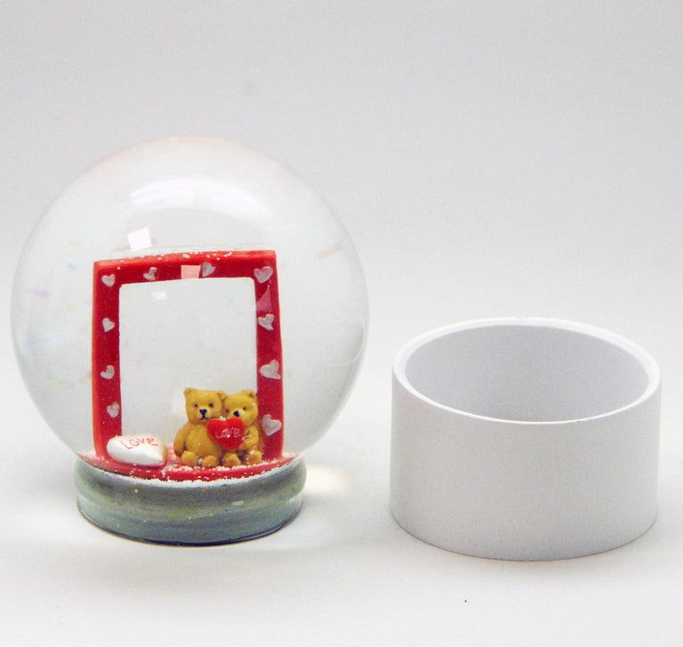 Bastelset mit 100mm Glas für DIY-Schneekugel mit Fotoeinsatz Rahmen Liebe Love mit Polyresin-Sockel weiß rund - Schneekugelhaus