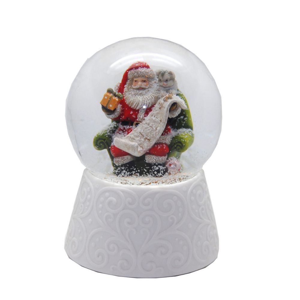 Edle Schneekugel auf weißem Porzellansockel Santa 100 mm mit Spieluhr - Schneekugelhaus