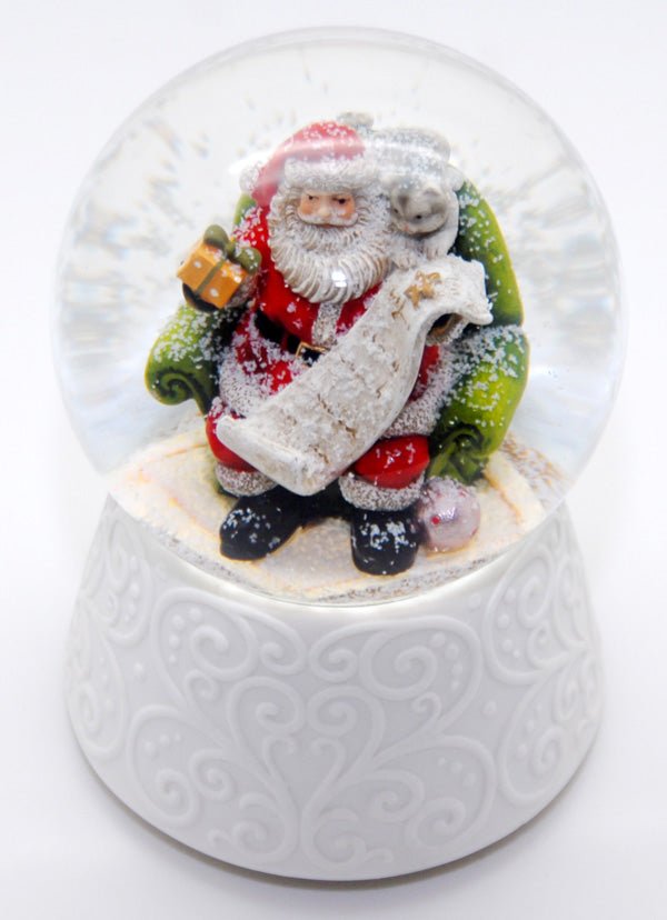 Edle Schneekugel auf weißem Porzellansockel Santa mit Spieluhr - Luftblase - Schneekugelhaus