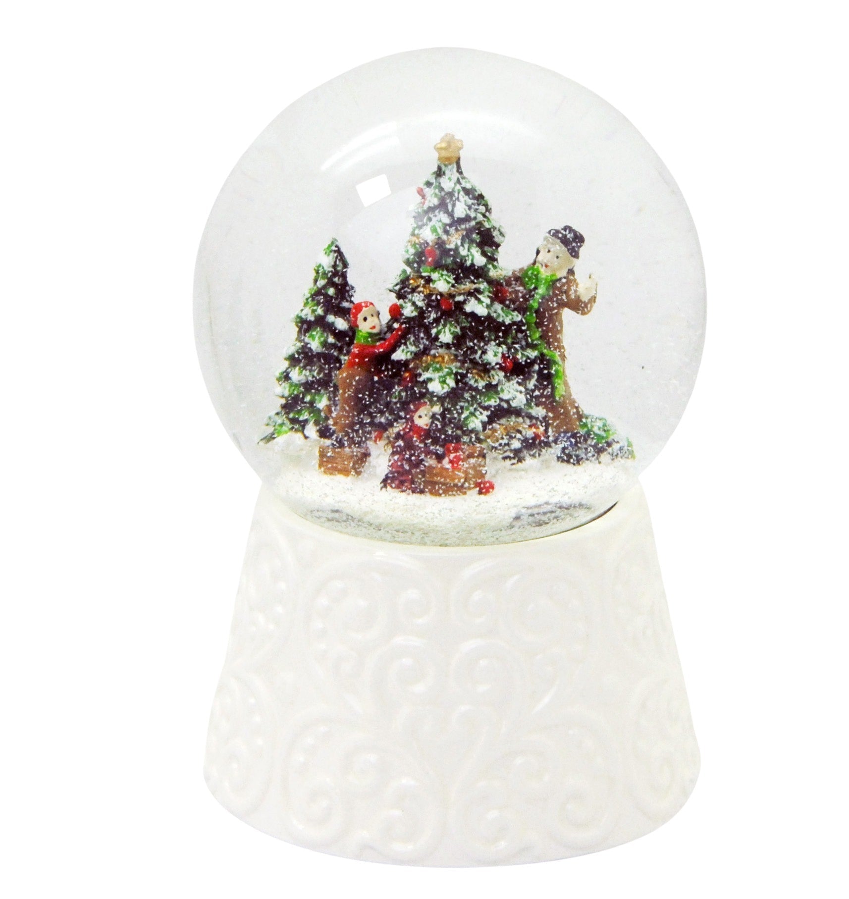Edle Schneekugel Christbaum schmücken auf weißem Porzellansockel 100 mm Durchmesser mit Spieluhr - Schneekugelhaus