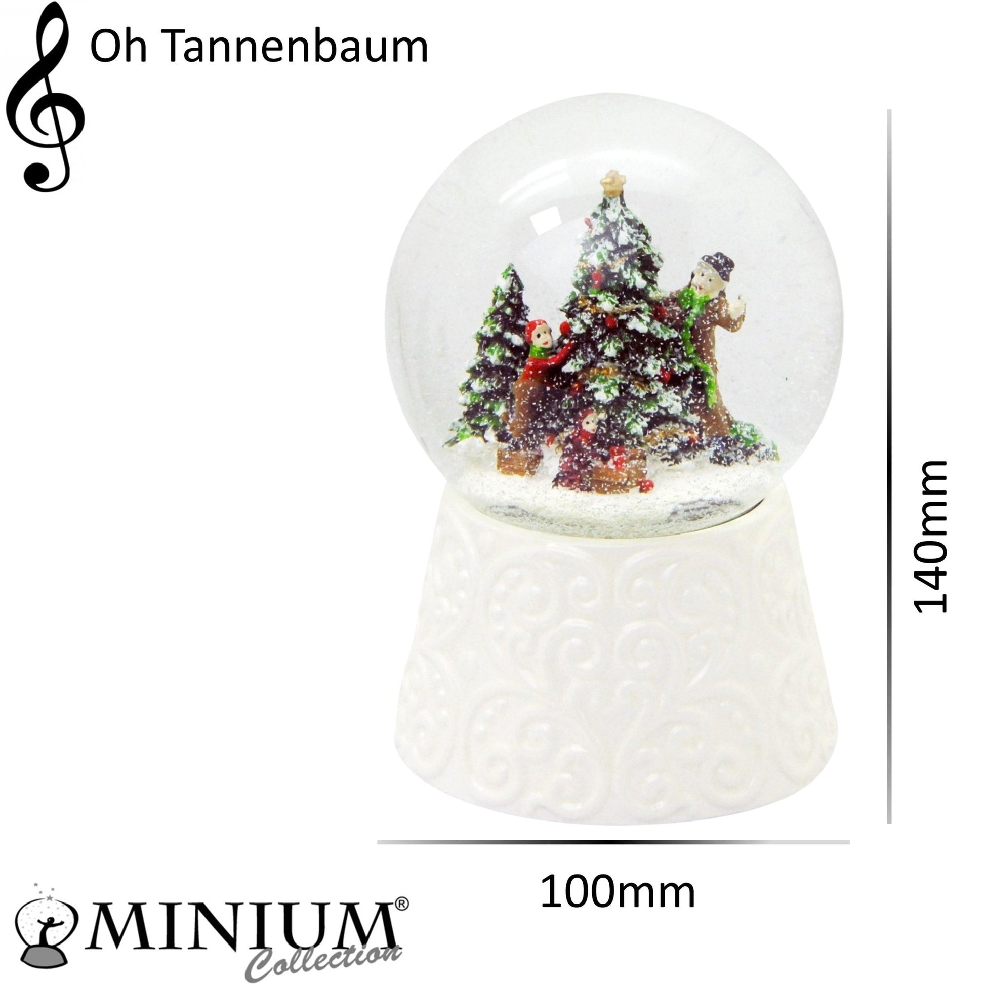 Edle Schneekugel Christbaum schmücken auf weißem Porzellansockel 100 mm Durchmesser mit Spieluhr - Schneekugelhaus