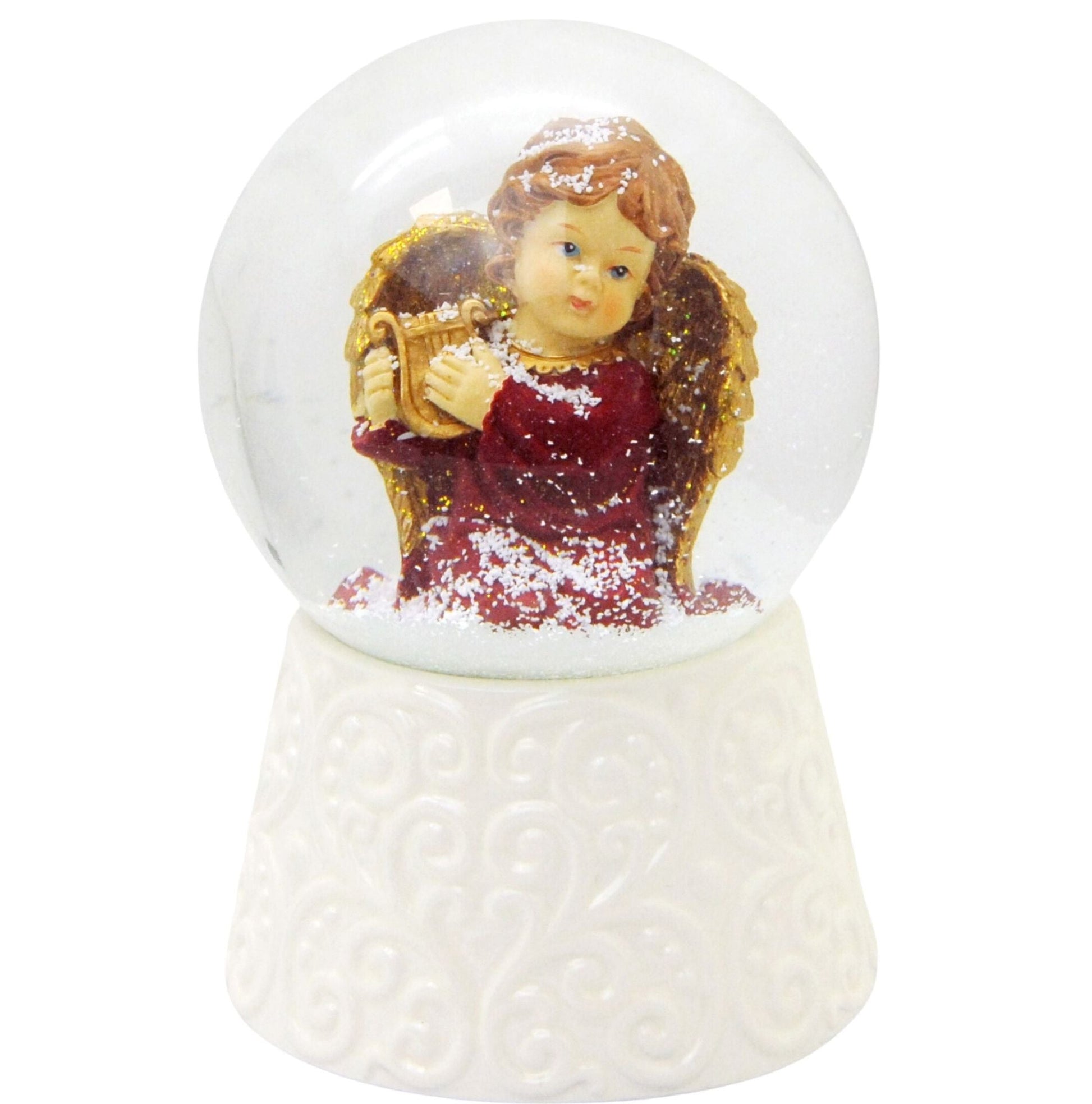 Edle Schneekugel Engel rot/gold mit Harfe auf weißem Porzellansockel 100 mm Durchmesser mit Spieluhr - Schneekugelhaus