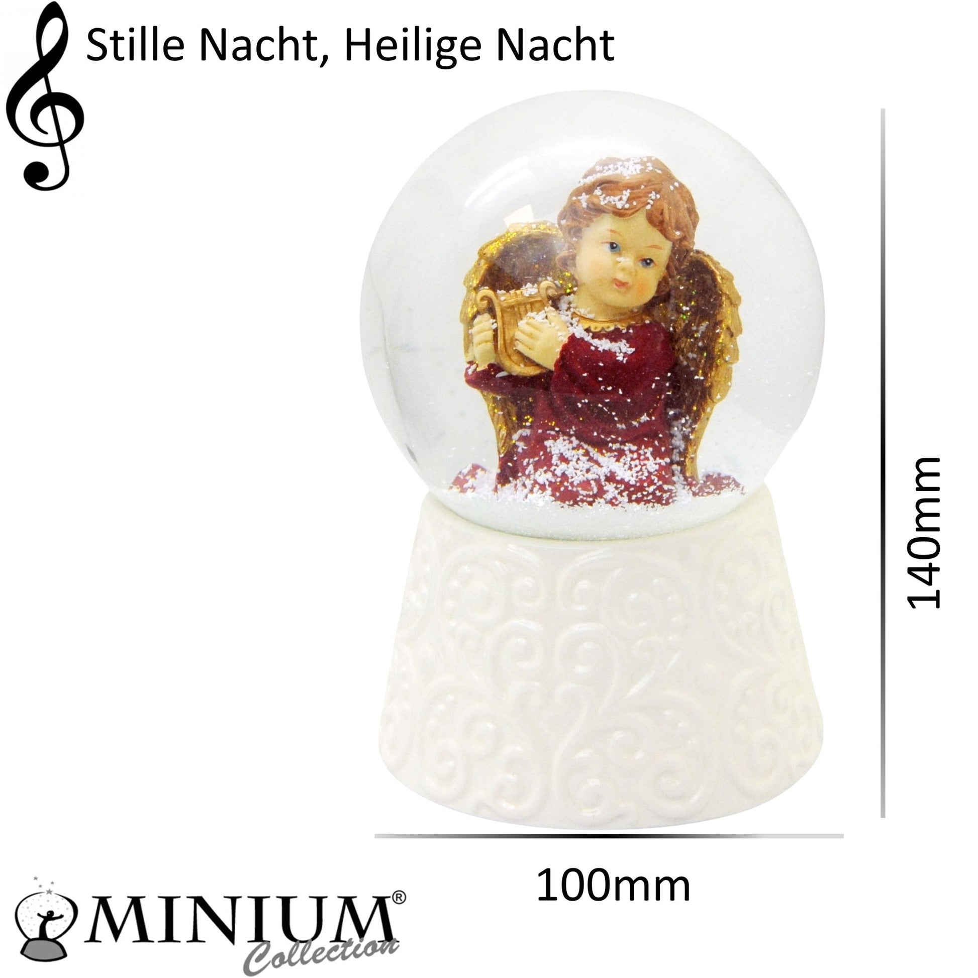 Edle Schneekugel Engel rot/gold mit Harfe auf weißem Porzellansockel 100 mm Durchmesser mit Spieluhr - Schneekugelhaus