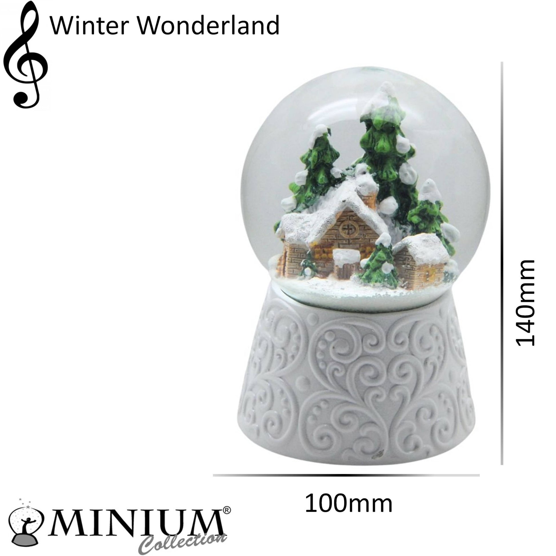 Edle Schneekugel Hüttenzauber Berghütte auf weißem Ornamentsockel 100 mm Durchmesser mit Spieluhr - Schneekugelhaus