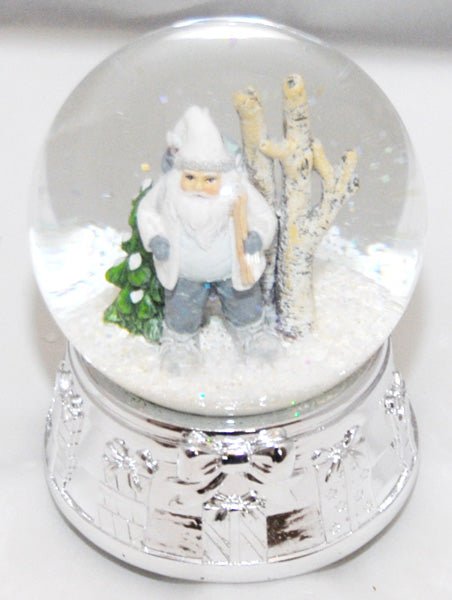 Edle Schneekugel Santa in Schneelandschaft mit Silber-Sockel Geschenkschleife und Spieluhr - Schneekugelhaus