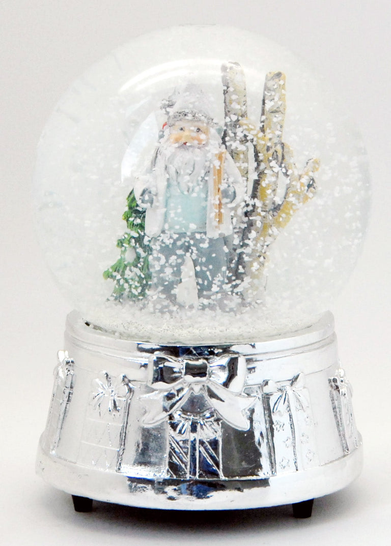 Edle Schneekugel Santa in Schneelandschaft mit Silber-Sockel Geschenkschleife und Spieluhr - Luftblase - Schneekugelhaus
