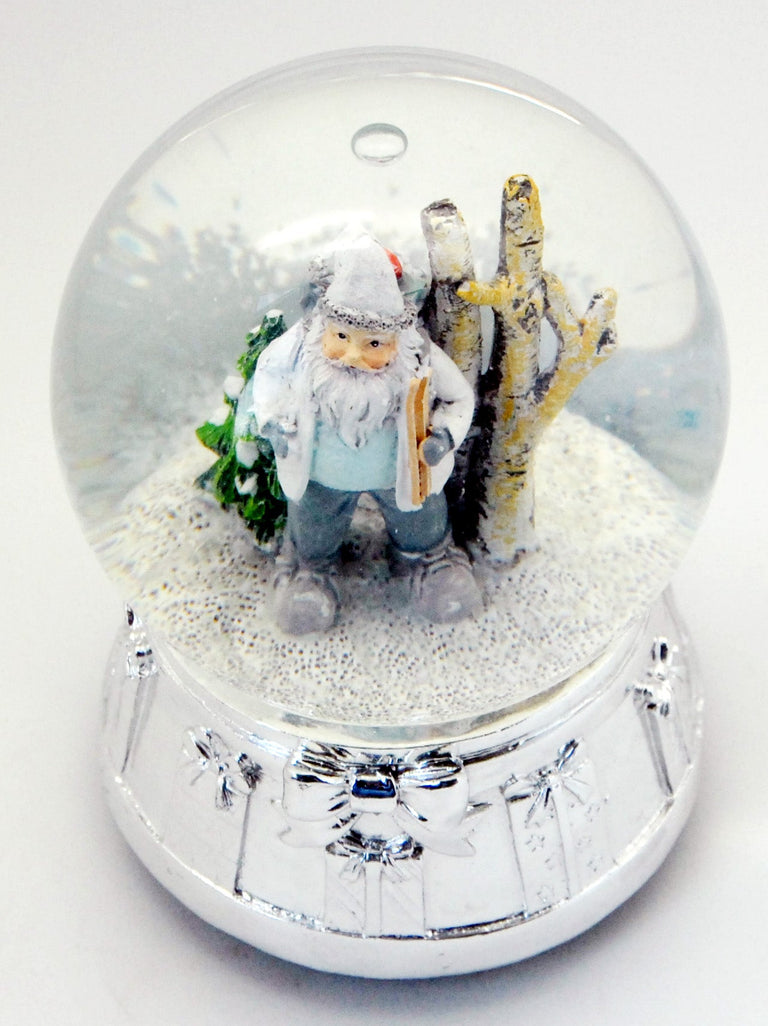 Edle Schneekugel Santa in Schneelandschaft mit Silber-Sockel Geschenkschleife und Spieluhr - Luftblase - Schneekugelhaus