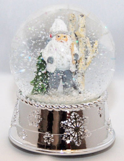 Edle Schneekugel Santa in Schneelandschaft mit Silber-Sockel Schneeflocke und Spieluhr - Schneekugelhaus