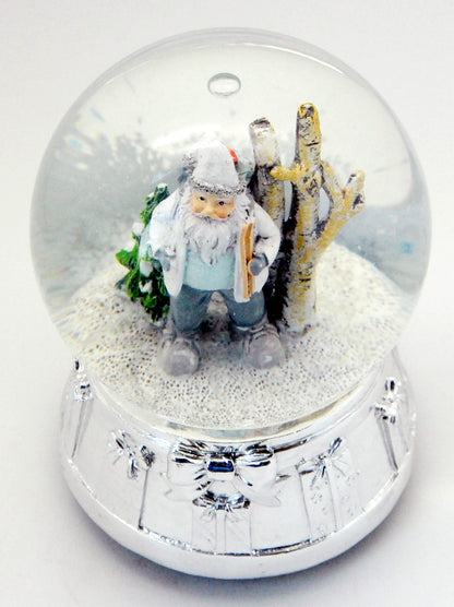 Edle Schneekugel Santa in Schneelandschaft mit Silber-Sockel Schneeflocke und Spieluhr - Luftblase - Schneekugelhaus