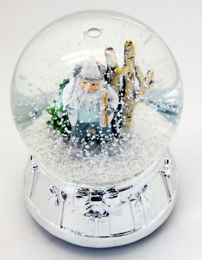 Edle Schneekugel Santa in Schneelandschaft mit Silber-Sockel Schneeflocke und Spieluhr - Luftblase - Schneekugelhaus