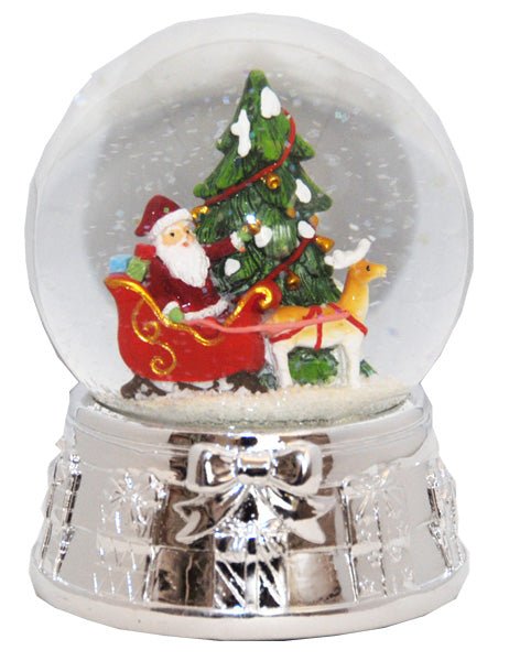 Edle Schneekugel Santa mit Christbaum mit Silber-Sockel Geschenkschleife und Spieluhr - Schneekugelhaus
