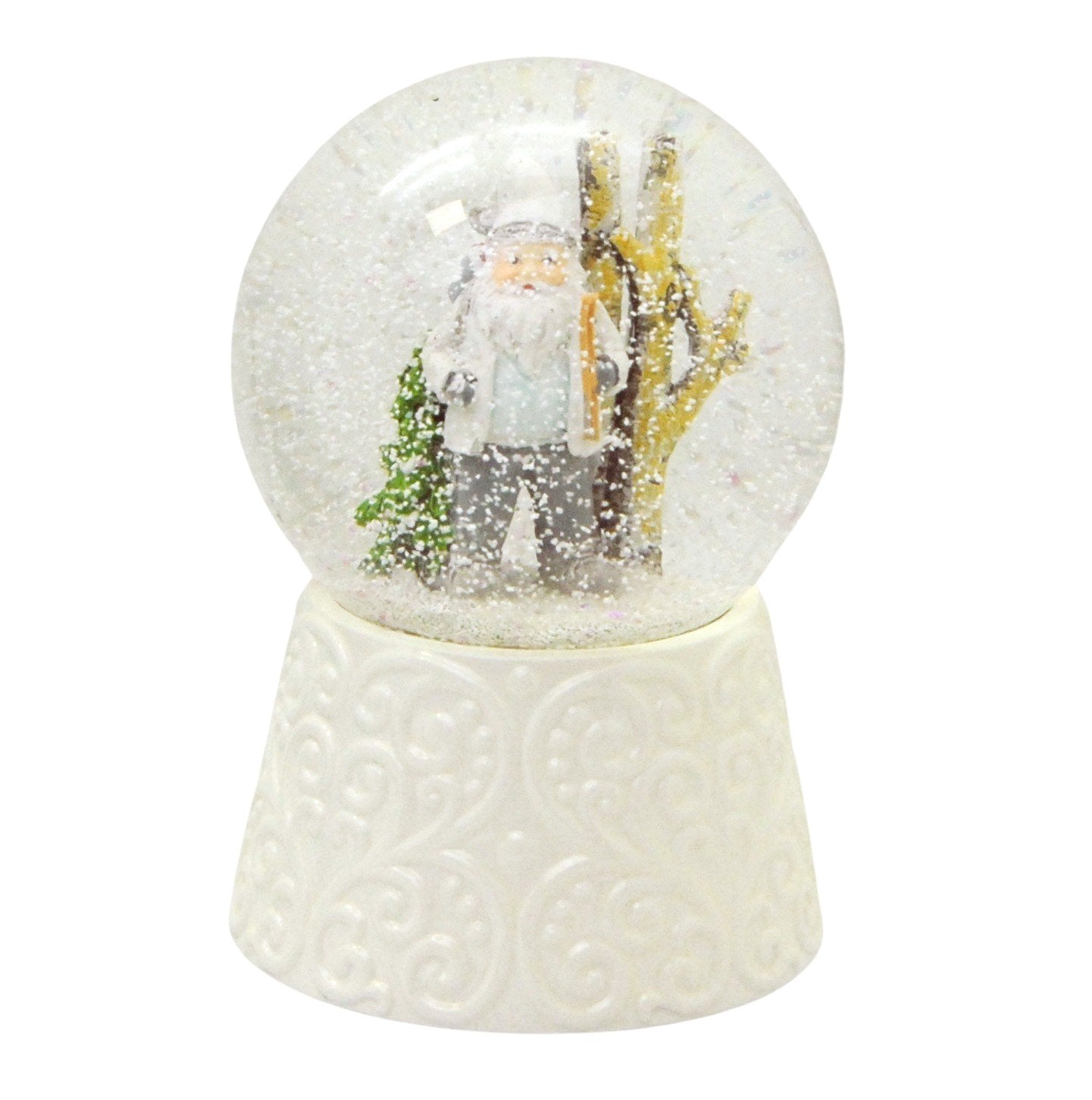 Edle Schneekugel Santa weiß auf weißem Porzellansockel 100 mm Durchmesser mit Spieluhr - Schneekugelhaus