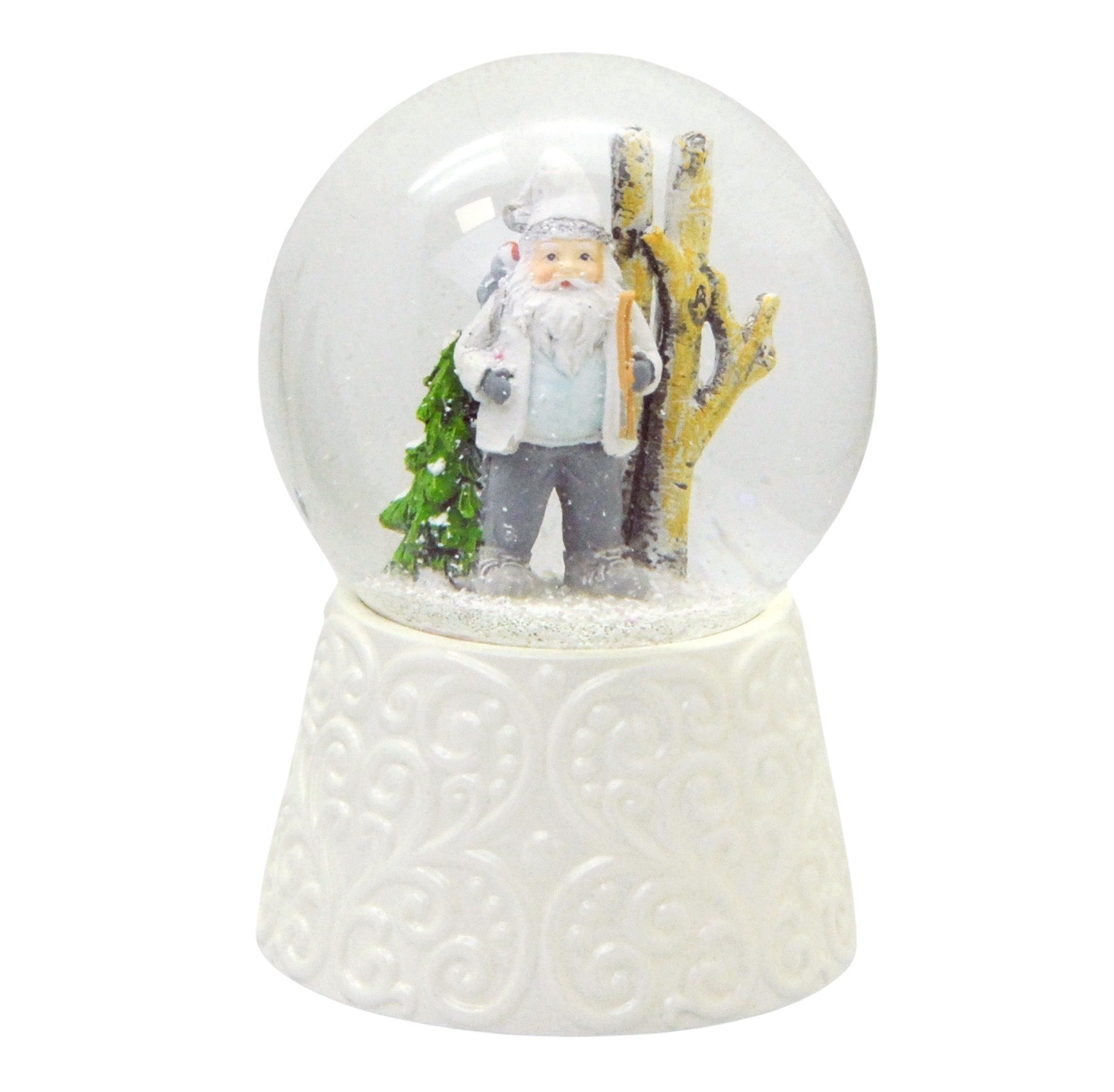 Edle Schneekugel Santa weiß auf weißem Porzellansockel 100 mm Durchmesser mit Spieluhr - Schneekugelhaus
