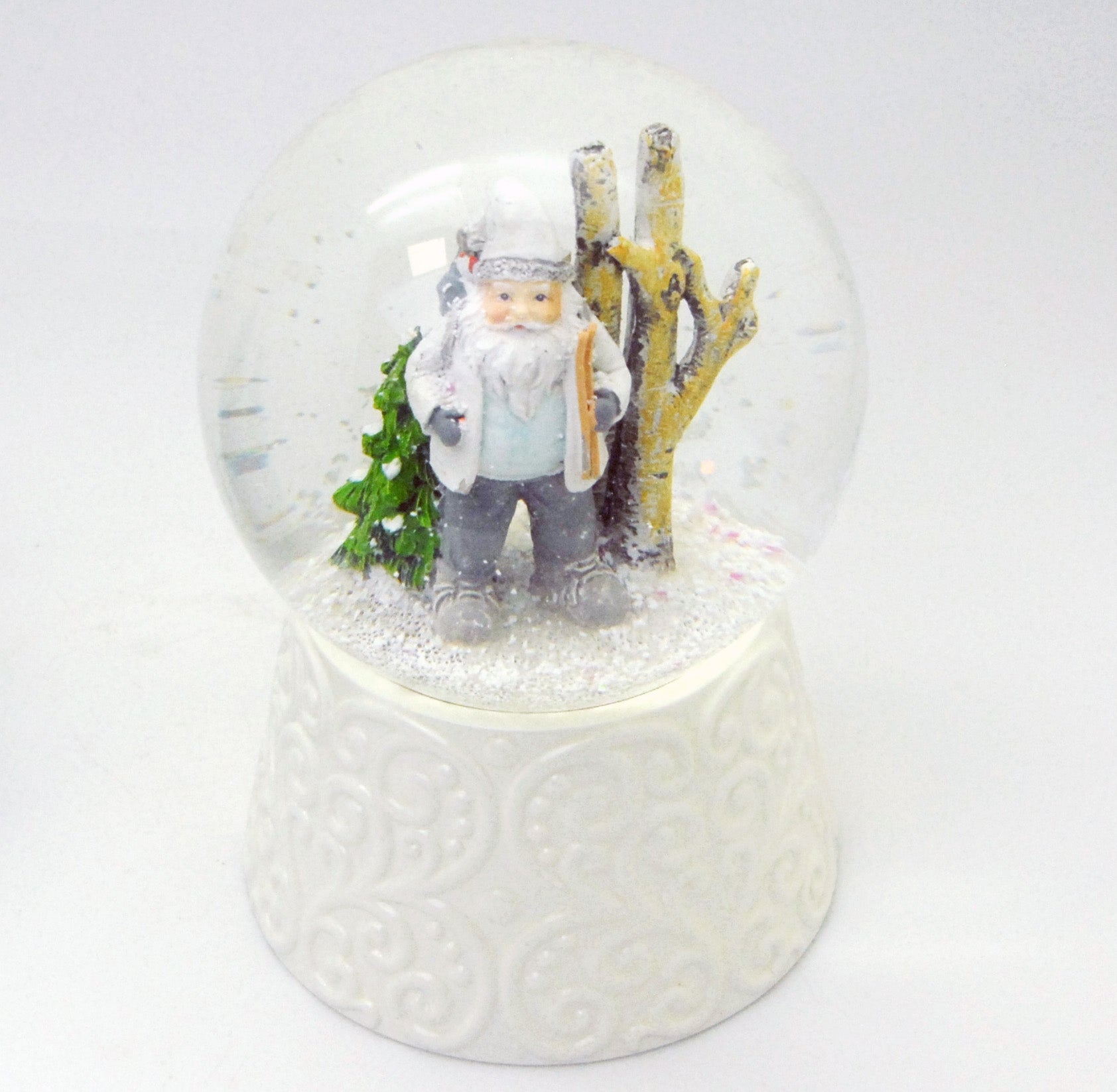 Edle Schneekugel Santa weiß auf weißem Porzellansockel 100 mm Durchmesser mit Spieluhr - Schneekugelhaus