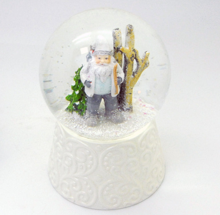 Edle Schneekugel Santa weiß auf weißem Porzellansockel 100 mm Durchmesser mit Spieluhr - Schneekugelhaus