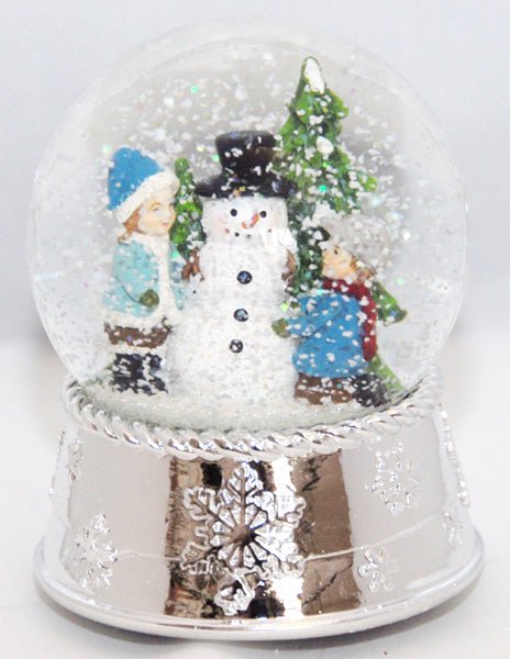 Edle Schneekugel Schneemann bauen mit Silber-Sockel Schneeflocke und Spieluhr - Schneekugelhaus