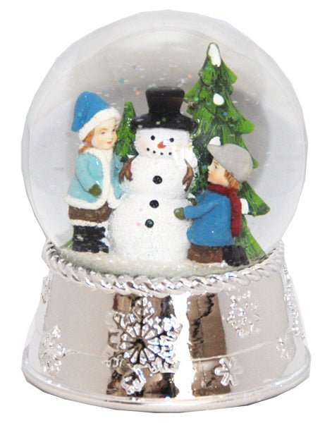 Edle Schneekugel Schneemann bauen mit Silber-Sockel Schneeflocke und Spieluhr - Lufblase - Schneekugelhaus