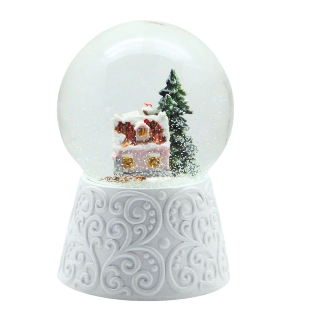 Edle Schneekugel Zuckerbäckerhaus auf weißem Ornamentsockel 100 mm Durchmesser mit Spieluhr - Schneekugelhaus