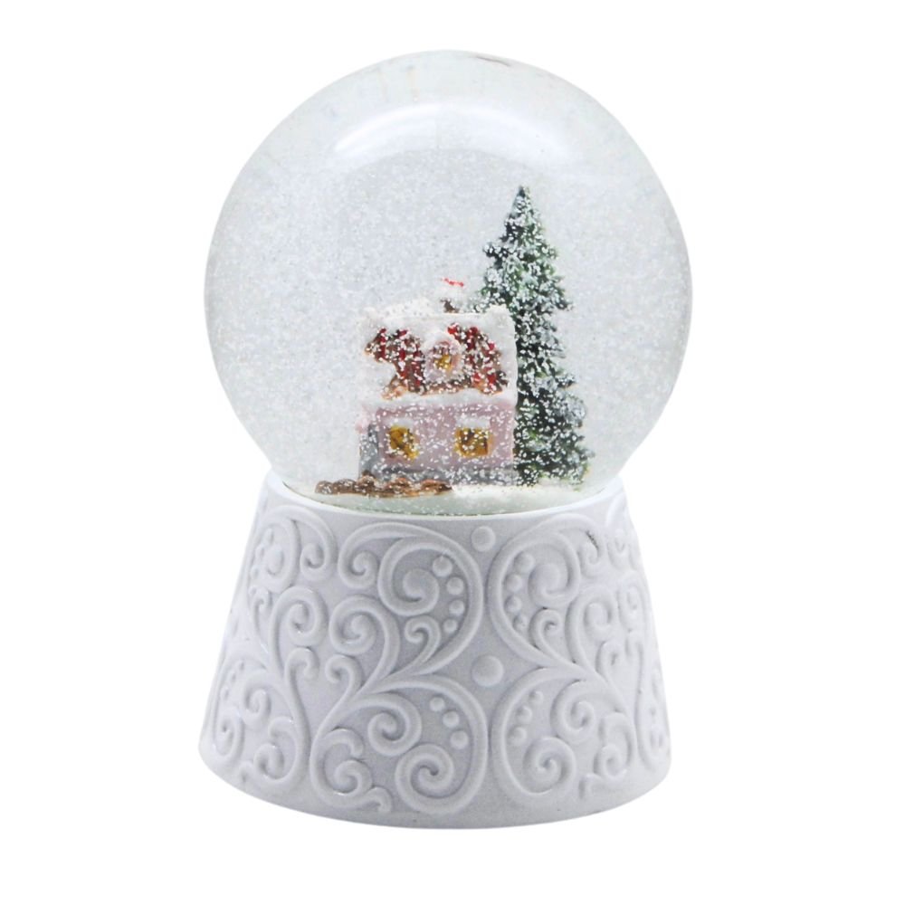 Edle Schneekugel Zuckerbäckerhaus auf weißem Ornamentsockel 100 mm Durchmesser mit Spieluhr - Schneekugelhaus