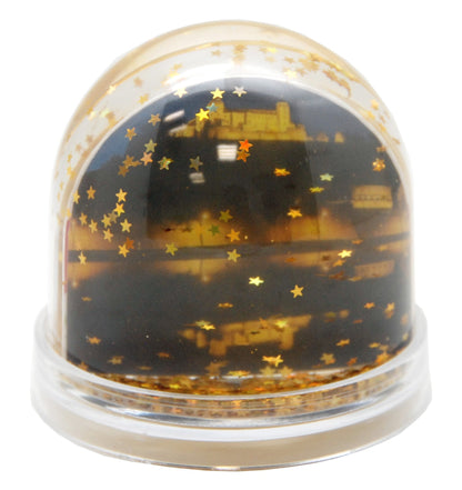 Foto-Schneekugel groß mit transparentem Sockel - goldene Sterne - Schneekugelhaus