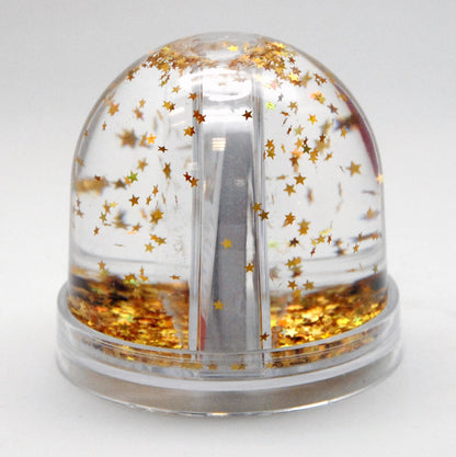 Foto-Schneekugel groß mit transparentem Sockel - goldene Sterne - Schneekugelhaus