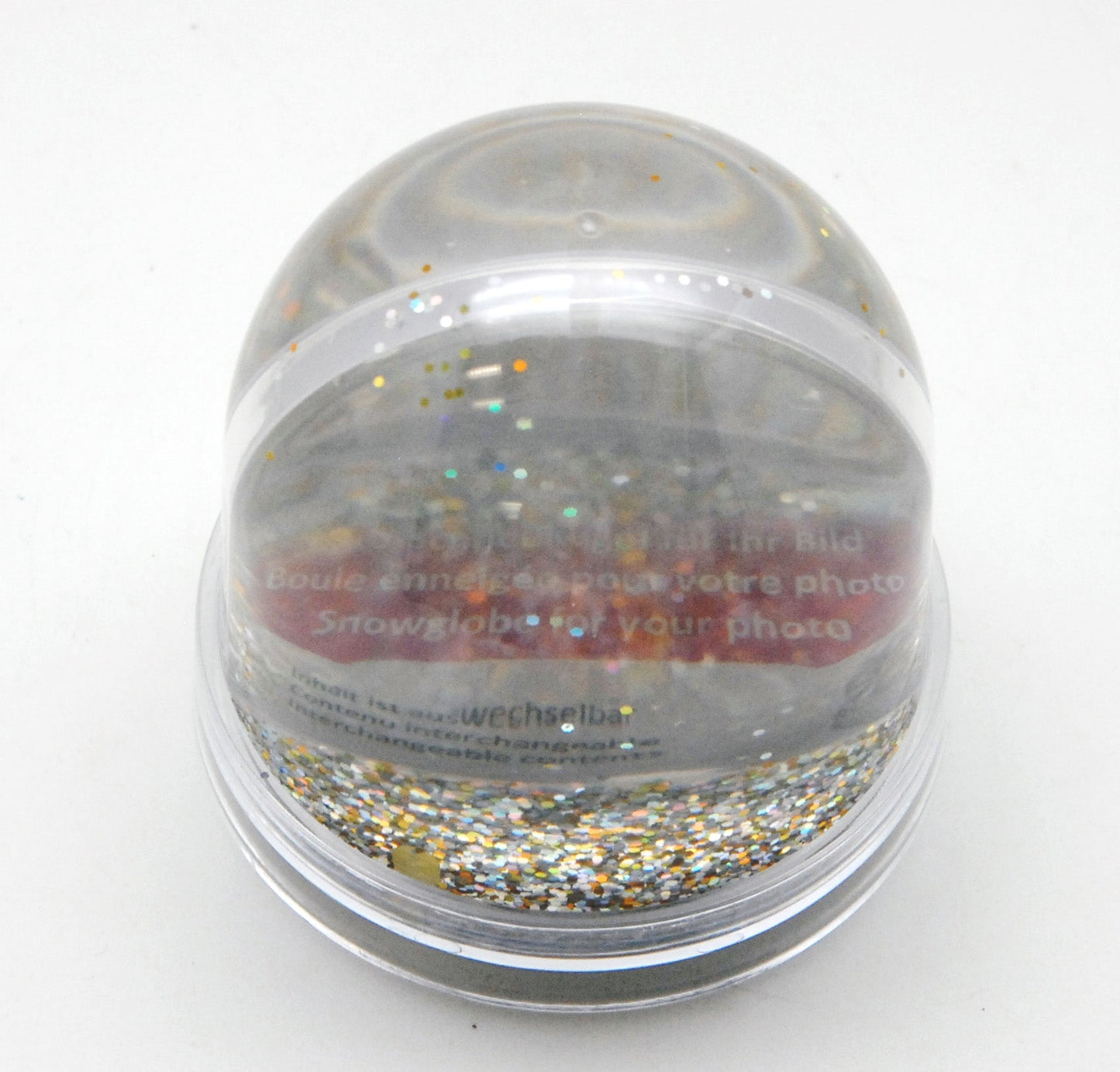Foto-Schneekugel groß mit transparentem Sockel - silber gold Glitzer - Schneekugelhaus
