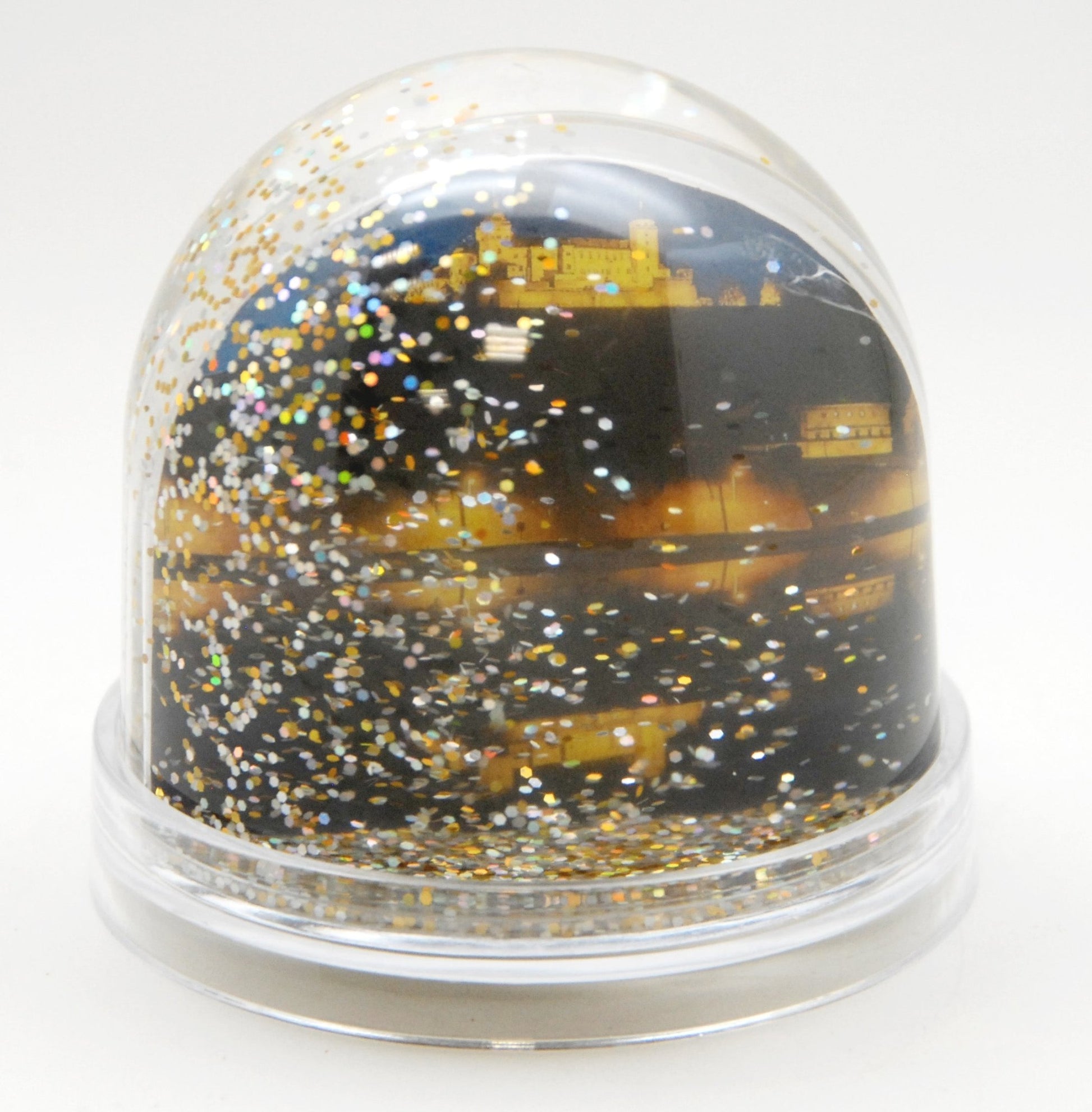 Foto-Schneekugel groß mit transparentem Sockel - silber gold Glitzer - Schneekugelhaus