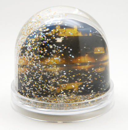 Foto-Schneekugel groß mit transparentem Sockel - silber gold Glitzer - Schneekugelhaus