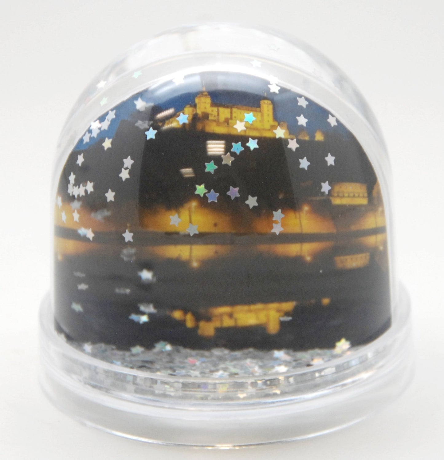Foto-Schneekugel groß mit transparentem Sockel - silber Sterne - Schneekugelhaus