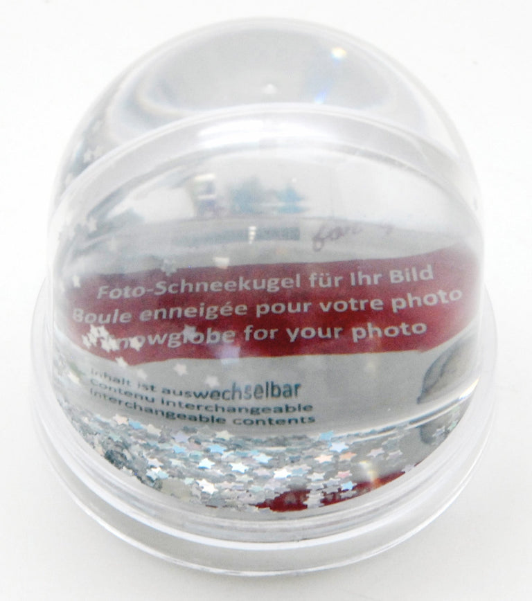 Foto-Schneekugel groß mit transparentem Sockel - silber Sterne - Schneekugelhaus