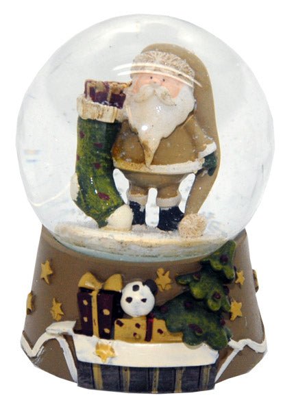 Moderne Weihnachts-Schneekugel Santa mit Geschenke-Strumpf beige - Schneekugelhaus
