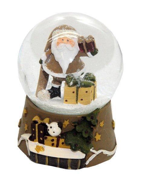 Moderne Weihnachts-Schneekugel Santa mit Geschenkpaket beige - Schneekugelhaus