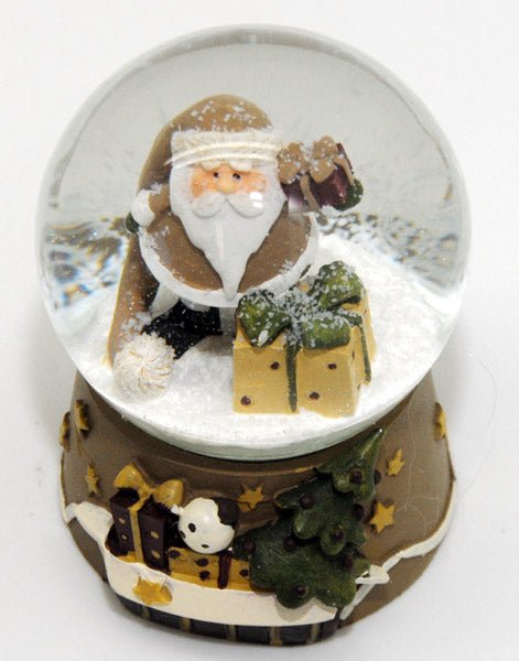 Moderne Weihnachts-Schneekugel Santa mit Geschenkpaket beige - Schneekugelhaus