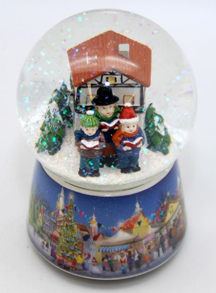 Nostalgie-Schneekugel Adventssinger auf Weihnachtsmarkt mit Musikspieluhr Stille Nacht - Heilige Nacht - Schneekugelhaus